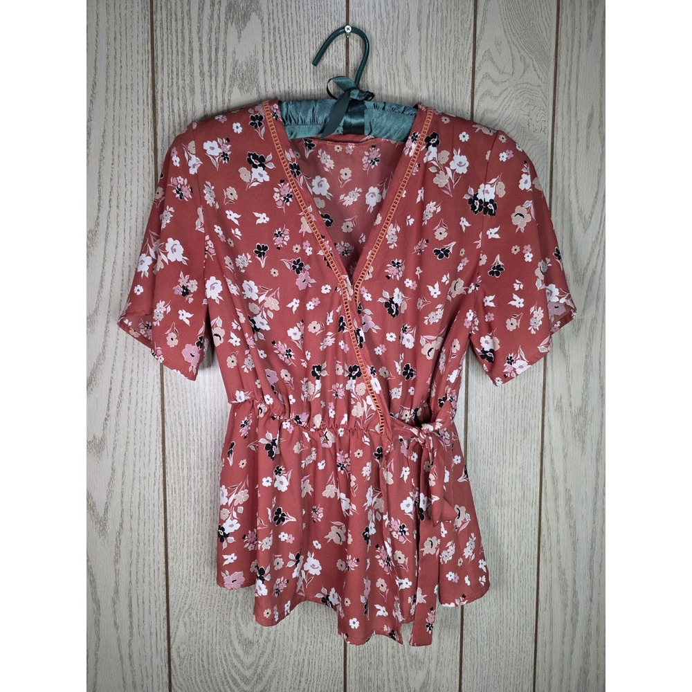 Unbranded Women Short Sleeve Cropped Floral Wrap Top Boho Chic Size S Rust Multi